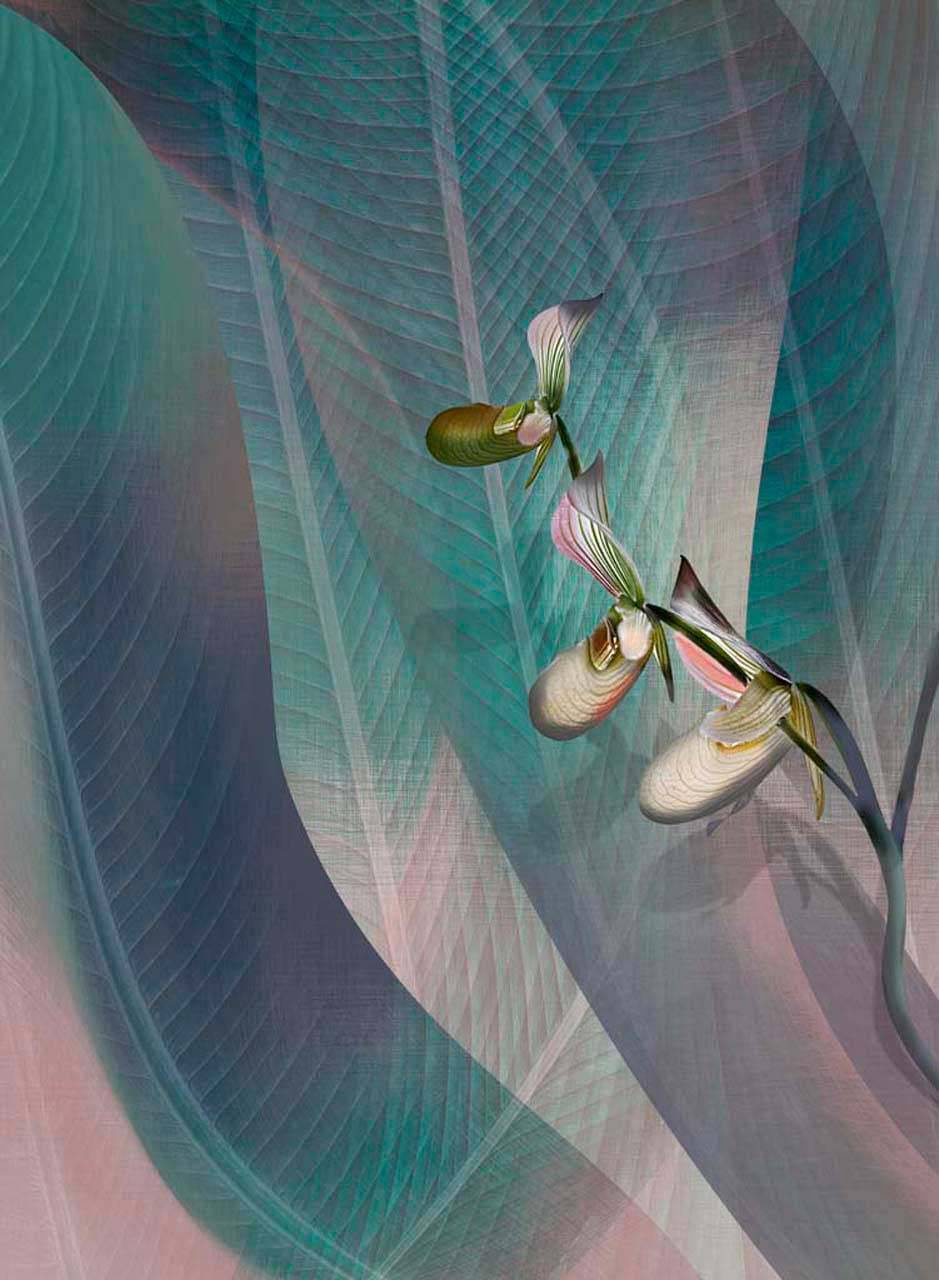 Фотообои Орхидея на фоне абстрактных листьев в зеленоватых тонах