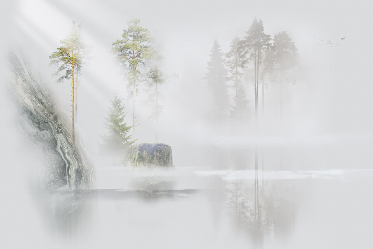 Фотообои Туман на озере в лесу